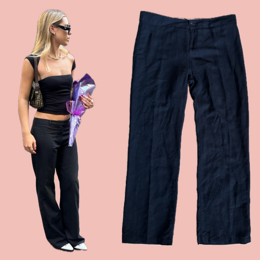 Low Waist Linen Blend Trousers Black Relaxed Fit Size 10